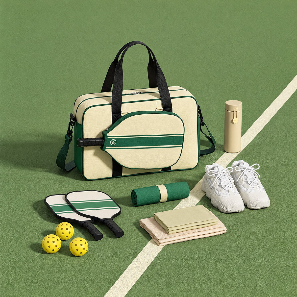 GameDay Pickleball Tote Bag in Forest Green with paddles, balls and trainers on a green court