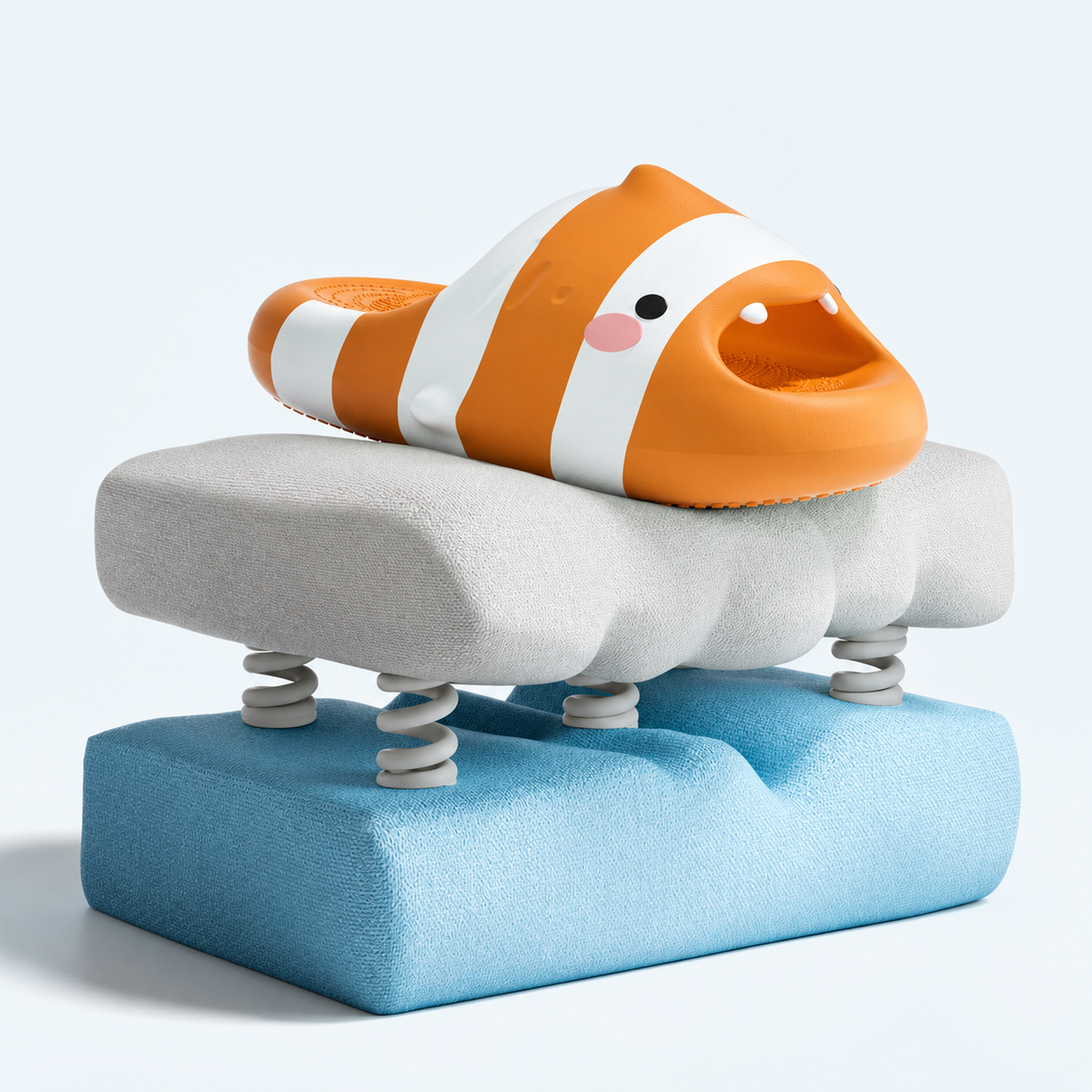 Flops Tiny Fins Coral Clown slide resting on a soft cushion, showing its cloud-soft EVA comfort