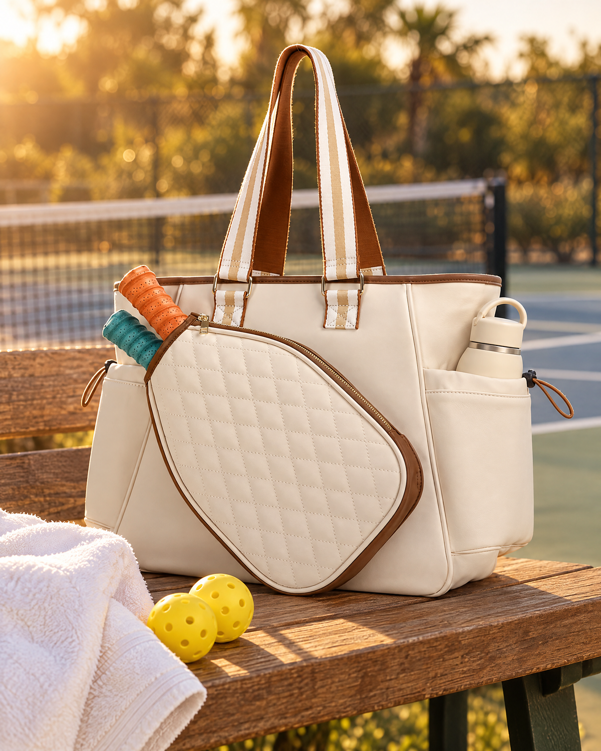 QuiltCourt tote on a courtside bench at golden hour