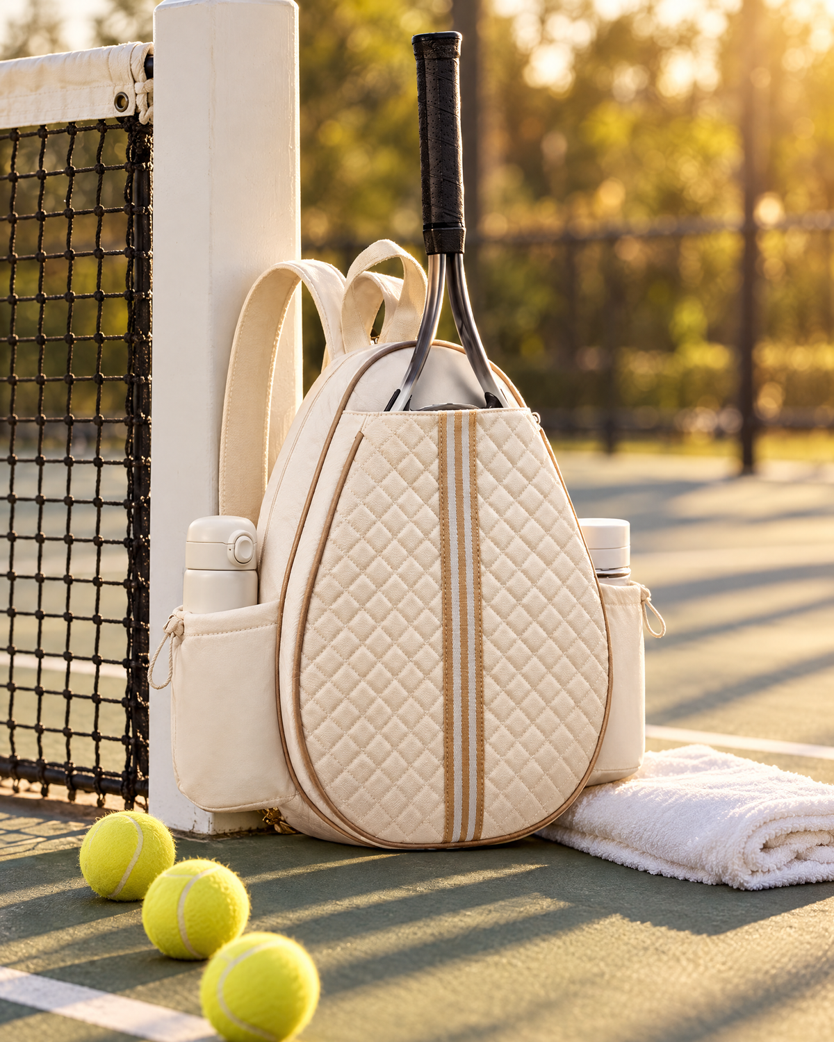QuiltSling backpack by the net post at golden hour