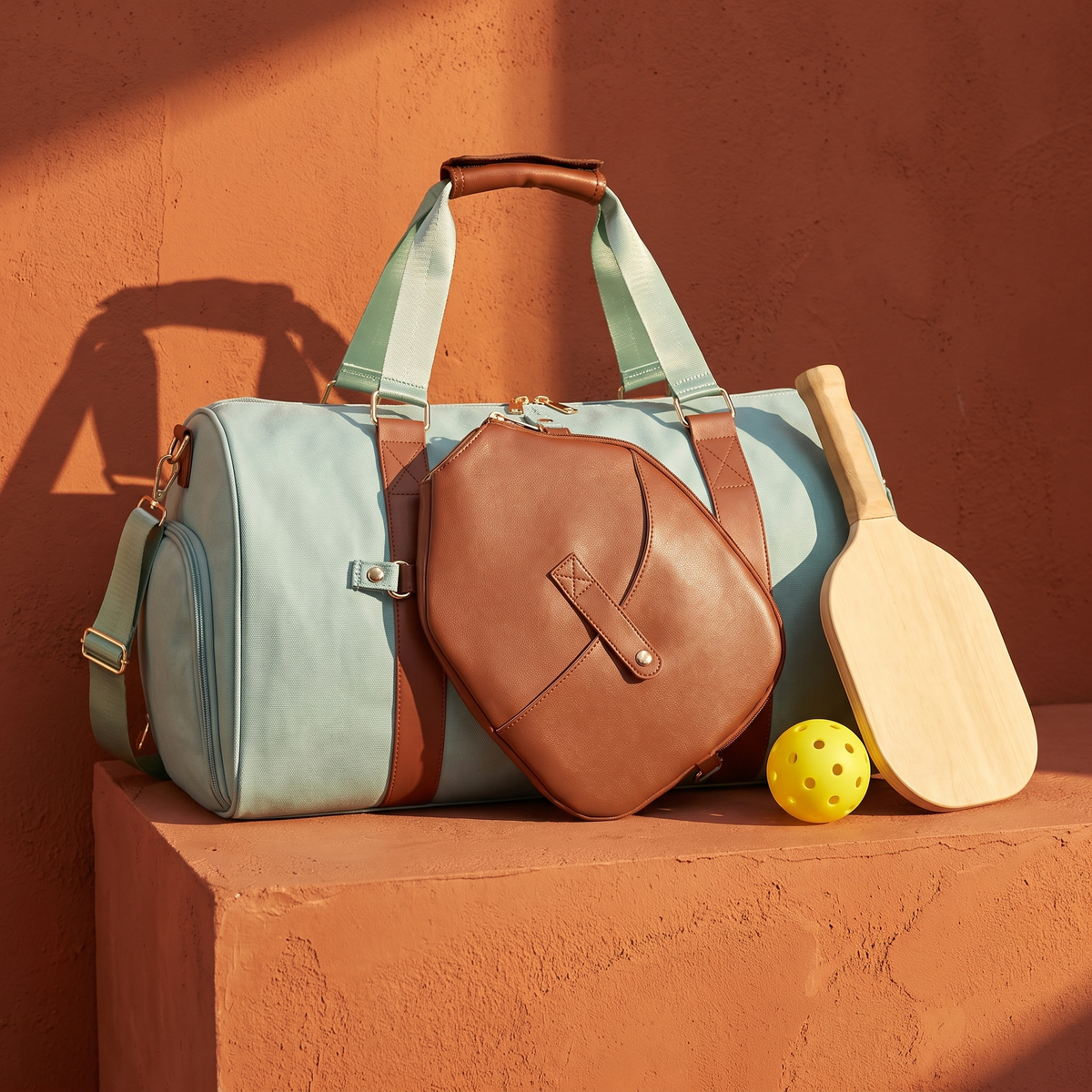 Mint Heritage duffel on a terracotta plinth with a paddle and pickleball
