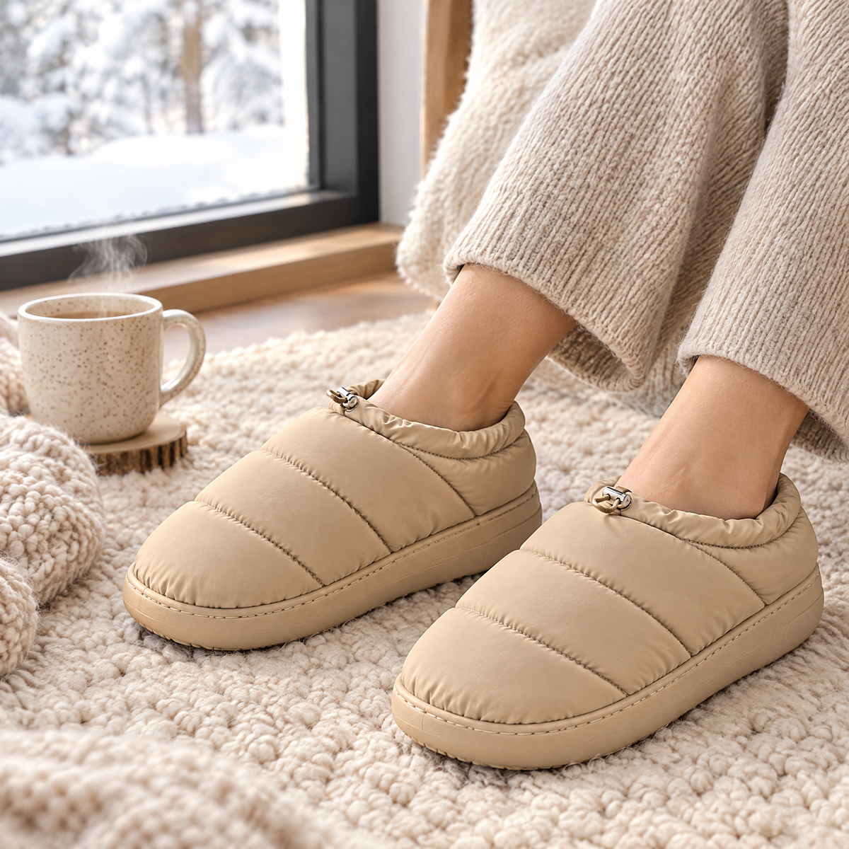 CloudPuff Waterproof Slippers in Sand – cosy winter rug