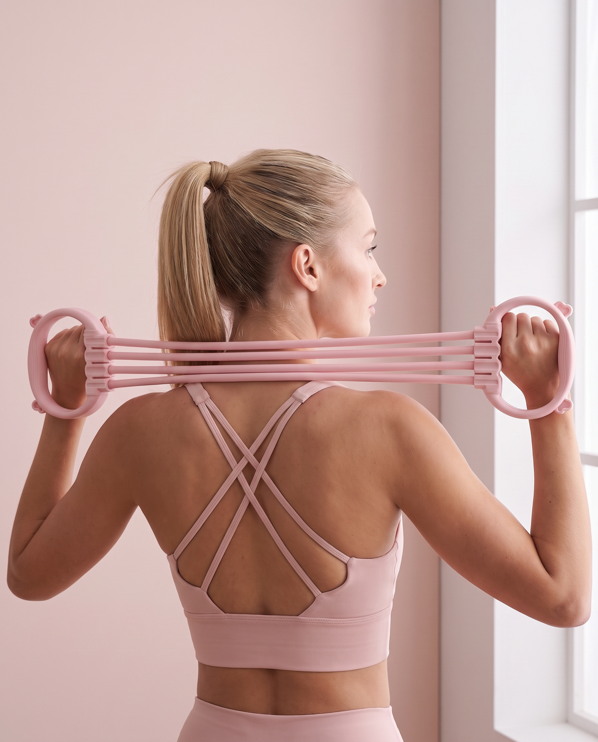 Woman in a pink crossback sports bra stretching the Blush Pink FlexEight Resistance Band at shoulder height