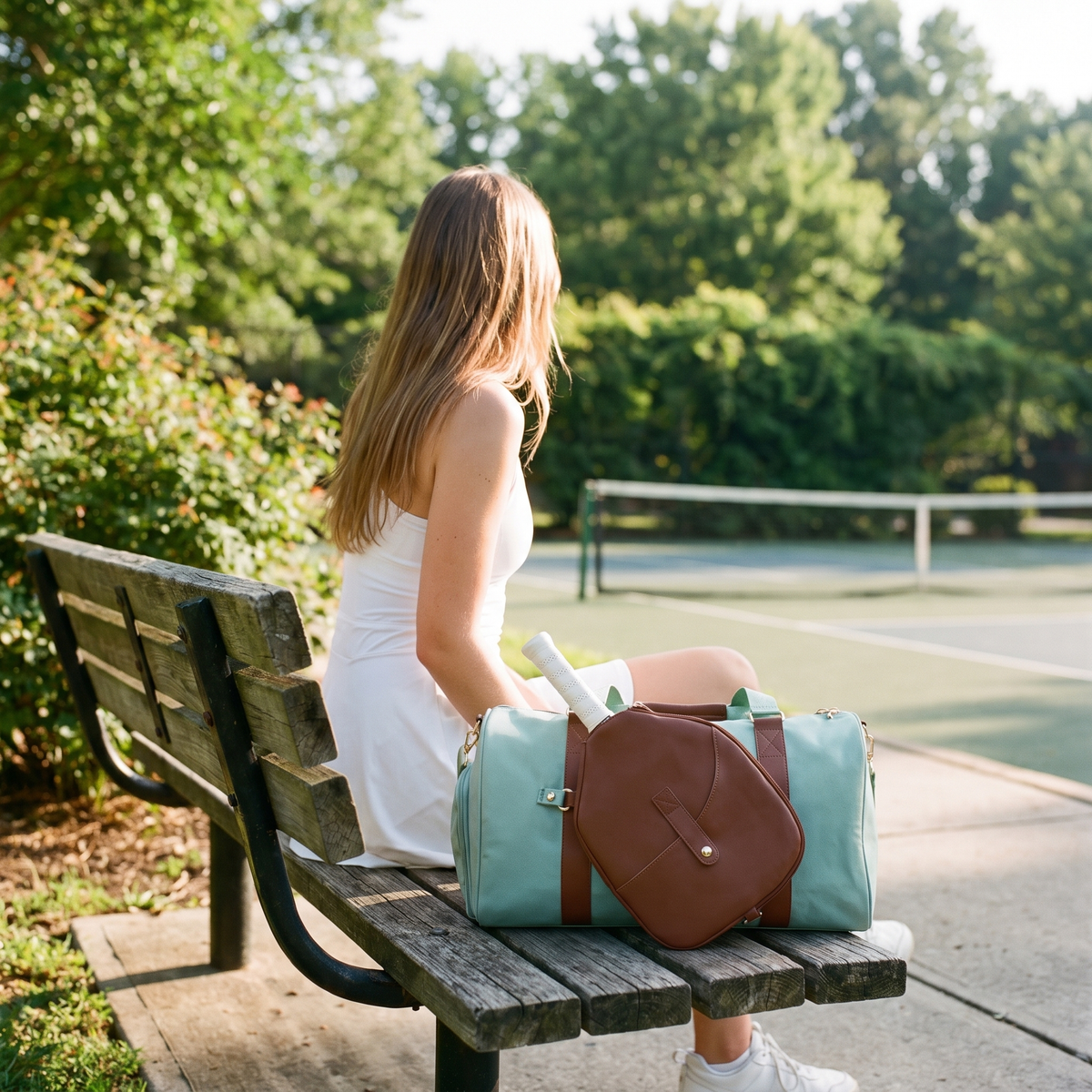 Woman on a courtside bench with the mint Heritage pickleball duffel