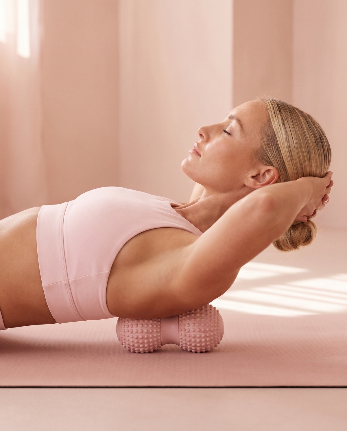 Woman lying on a mat with the Blush Pink KnotRelease massage ball under her upper back