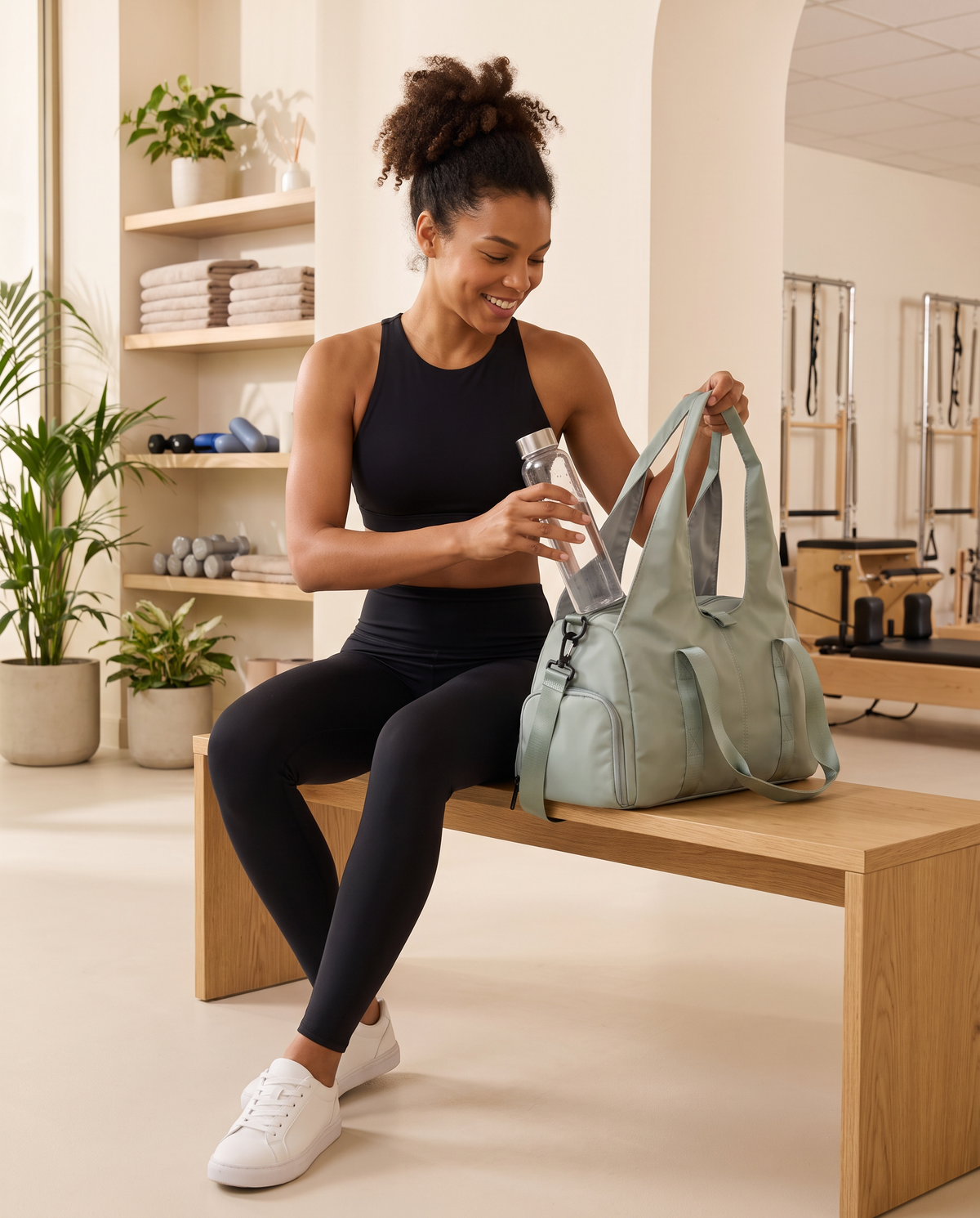 Woman in black activewear packing the Sage Green CloudGym Duffel Bag at a pilates studio
